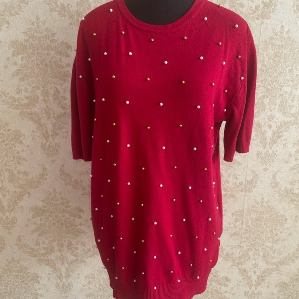 Chic Red Beaded Women's Sweater Top